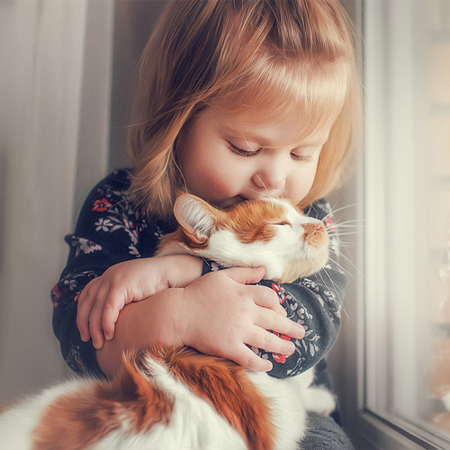 Kleines Mädchen mit Hörgerät umarmt Katze